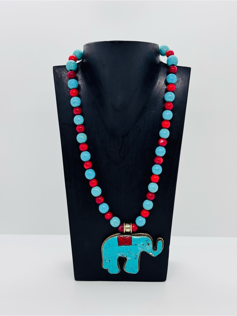 Boho Southwestern Elephant Pendant Necklace Turquoise & Red Beaded Statement